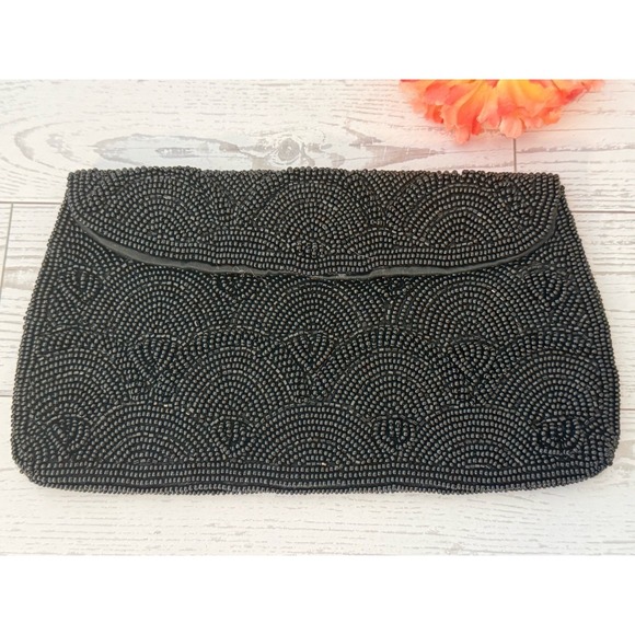 Hato Hasi Black Beaded Vintage Japan Satin Lined Clutch Evening Formal Purse EUC